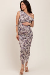Purple Floral Ruched One Shoulder Maternity Midi Dress
