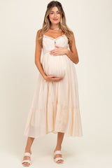 Cream Lace Detail Button Front Sleeveless Maternity Midi Dress