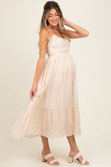 Cream Lace Detail Button Front Sleeveless Maternity Midi Dress