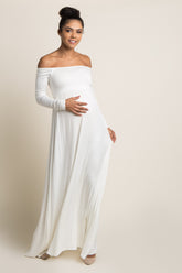 PinkBlush Ivory Solid Off Shoulder Maternity Maxi Dress