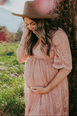 Light Pink Lace Mesh Overlay Maternity Maxi Dress