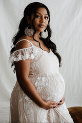 Ivory Floral Embroidered Mesh Maternity Evening Gown