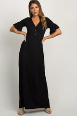 Black Button Ruffle Sleeve Maternity Maxi Dress