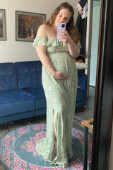 Green Floral Ruffle Off Shoulder Maternity Maxi Dress