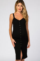 Black Ribbed Snap Button Front Fitted Maternity Midi Dress