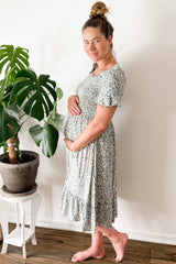 Light Blue Floral Ruffle Maternity Midi Dress
