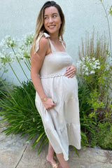 Beige Bow Strap Tiered Maternity Midi Dress