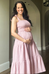 Mauve Bow Strap Tiered Maternity Midi Dress