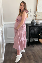 Mauve Bow Strap Tiered Maternity Midi Dress