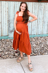 Rust Bow Strap Tiered Maternity Midi Dress