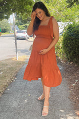 Rust Bow Strap Tiered Maternity Midi Dress