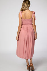Pink Smocked Tie Strap Maternity Midi Dress