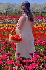 Beige Smocked Tie Strap Maternity Midi Dress