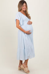Light Blue Smocked Ruffle Maternity Dress