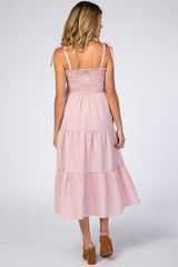 Pink Checkered Tiered Maternity Midi Dress