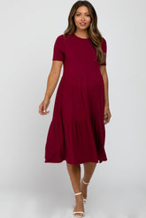 Burgundy Ribbed Tiered Maternity Dress