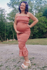 Mauve Satin Smocked Fitted Maternity Midi Dress