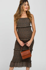 Forest Green Floral Print Smocked Fitted Maternity Midi Dress