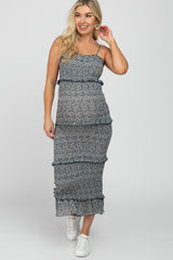 Navy Leaf Print Smocked Fitted Maternity Midi Dress
