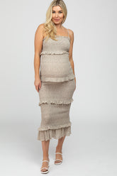 Taupe Leaf Print Smocked Fitted Maternity Midi Dress