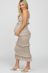 Taupe Leaf Print Smocked Fitted Maternity Midi Dress