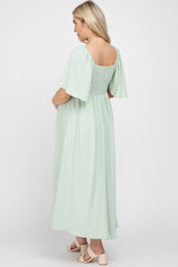 Mint Green Textured Dot Front Tie Ruffle Sleeve Maternity Midi Dress