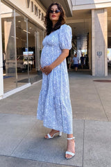 Blue Paisley Print Smocked Tiered Maternity Maxi Dress