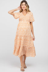 Peach Floral Tiered Maternity Midi Dress