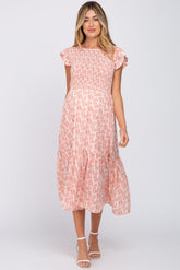 Pink Leaf Print Smocked Ruffle Sleeve Maternity Midi Dress