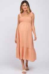 Peach Smocked Maternity Midi Dress
