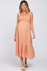 Peach Smocked Maternity Midi Dress