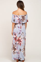 Light Blue Floral Off Shoulder Maternity Maxi Dress