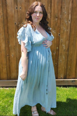 Light Blue Deep V-Neck Button Down Maternity Maxi Dress