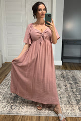 Mauve Front Tie Ruffle Sleeve Maternity Midi Dress