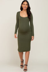 Olive Long Sleeve Square Neck Maternity Dress