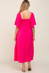 Fuchsia Textured Dot Front Tie Ruffle Sleeve Maternity Midi Dress