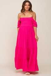 Fuchsia Smocked Ruffle Off Shoulder Tiered Maternity Maxi Dress