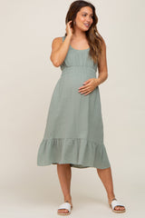 Light Olive Gauze Smocked Waist Lettuce Trim Maternity Midi Dress