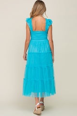 Turquoise Smocked Mesh Ruffle Accent Maternity Midi Dress