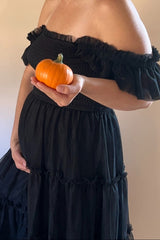 Black Smocked Mesh Ruffle Accent Maternity Midi Dress