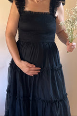Black Smocked Mesh Ruffle Accent Maternity Midi Dress