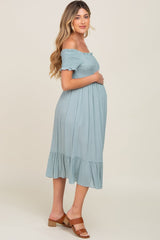 Sage Off Shoulder Smocked Maternity Midi Dress