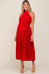 Red Pleated Maternity Halter Dress