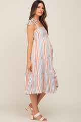 Rust Striped Shoulder Tie Tiered Maternity Midi Dress