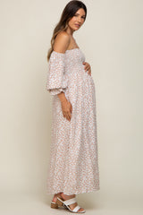 Cream Floral Square Neck Smocked Long Sleeve Maternity Maxi Dress