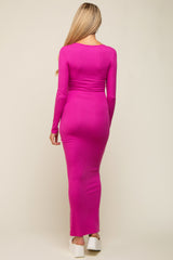 Fuchsia Ribbed Long Sleeve Square Neck Maternity Maxi Dress