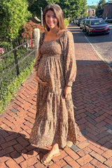 Mocha Floral Smocked Long Sleeve Maternity Maxi Dress