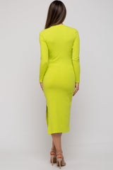 Lime Ribbed Mock Neck Long Sleeve Maternity Midi Dress