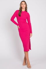 Fuchsia Ribbed Mock Neck Long Sleeve Maternity Midi Dress