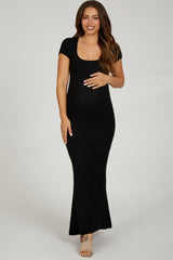 Black Ribbed Scoop Neck Maternity Maxi Dress